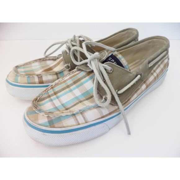 SPERRY TOP SIDER KHAKI & AQUA BROWN PLAID CANVAS BOAT SHOE WOMENS SZ 6.5M - Picture 1 of 7
